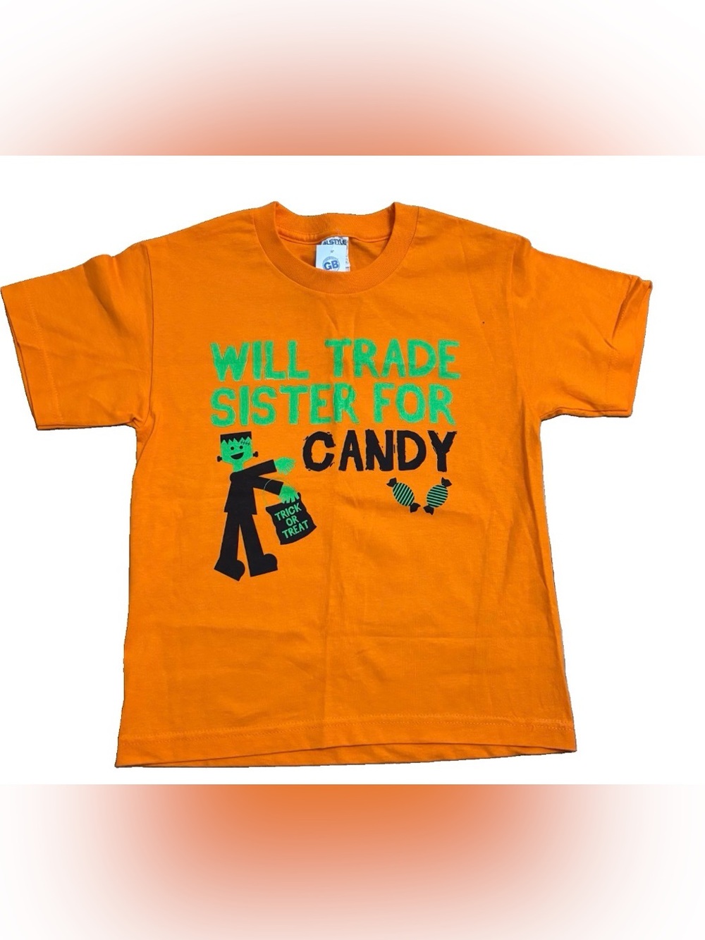 NWOT ALSTYLE Unisex Orange Halloween 'Will Trade Sister For Candy' Tee - Size Sm